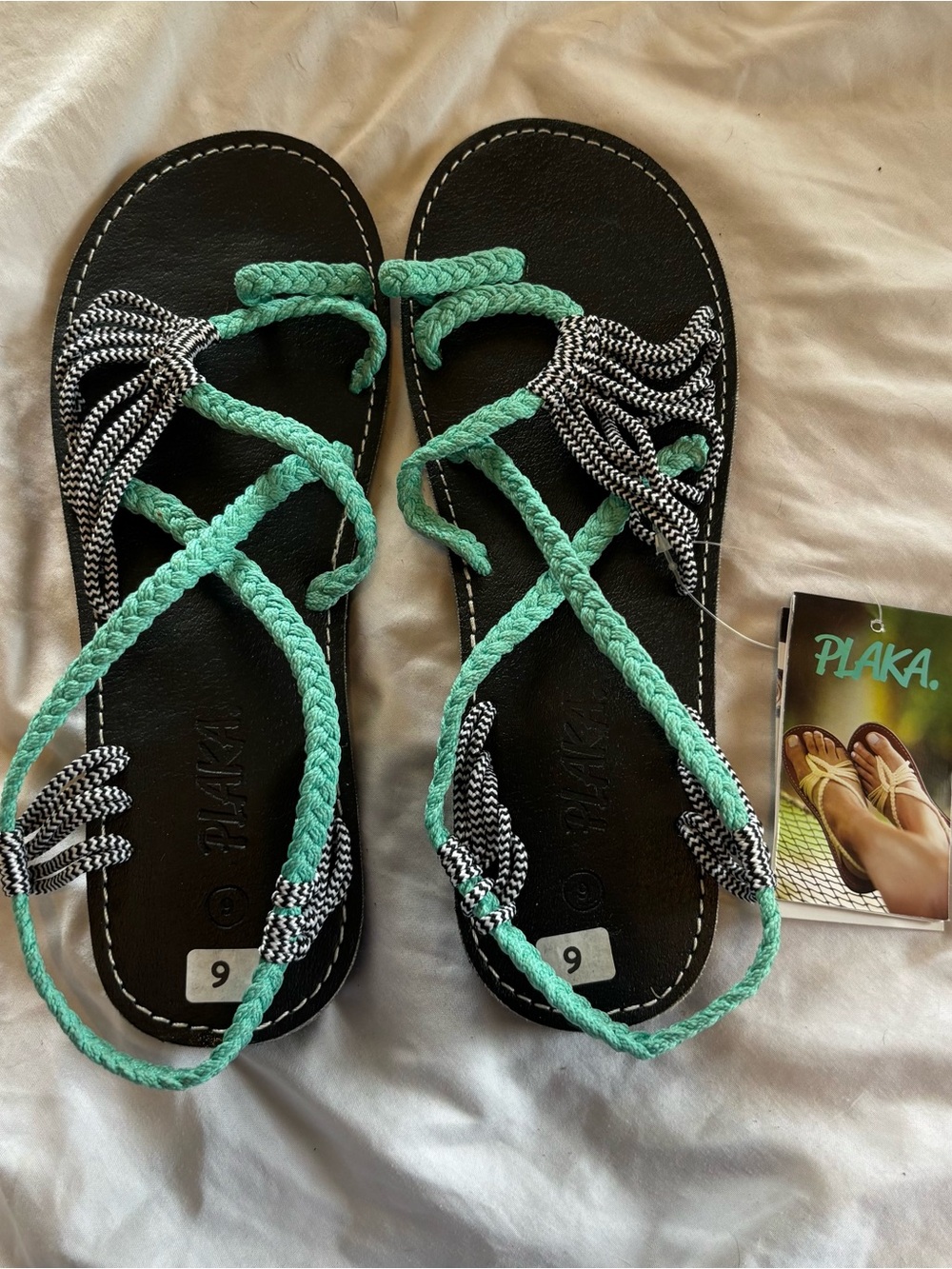 Plaka Women's Braided Strappy Sandals in Mint & Black Brand New